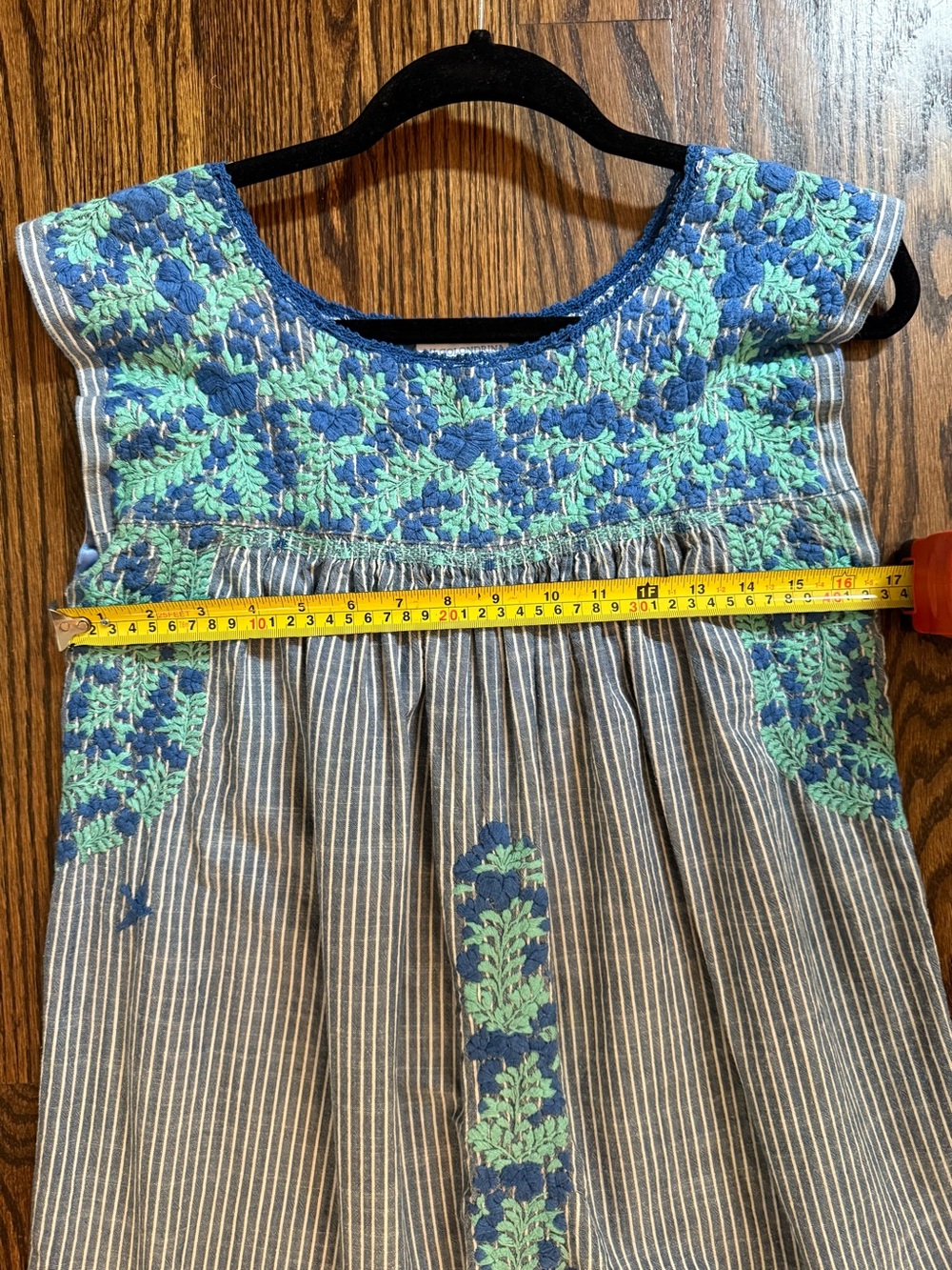 Mi Golondrina Blue and White Chambray  Pinstripe Embroidered Striped Dress - Picture 5 of 5